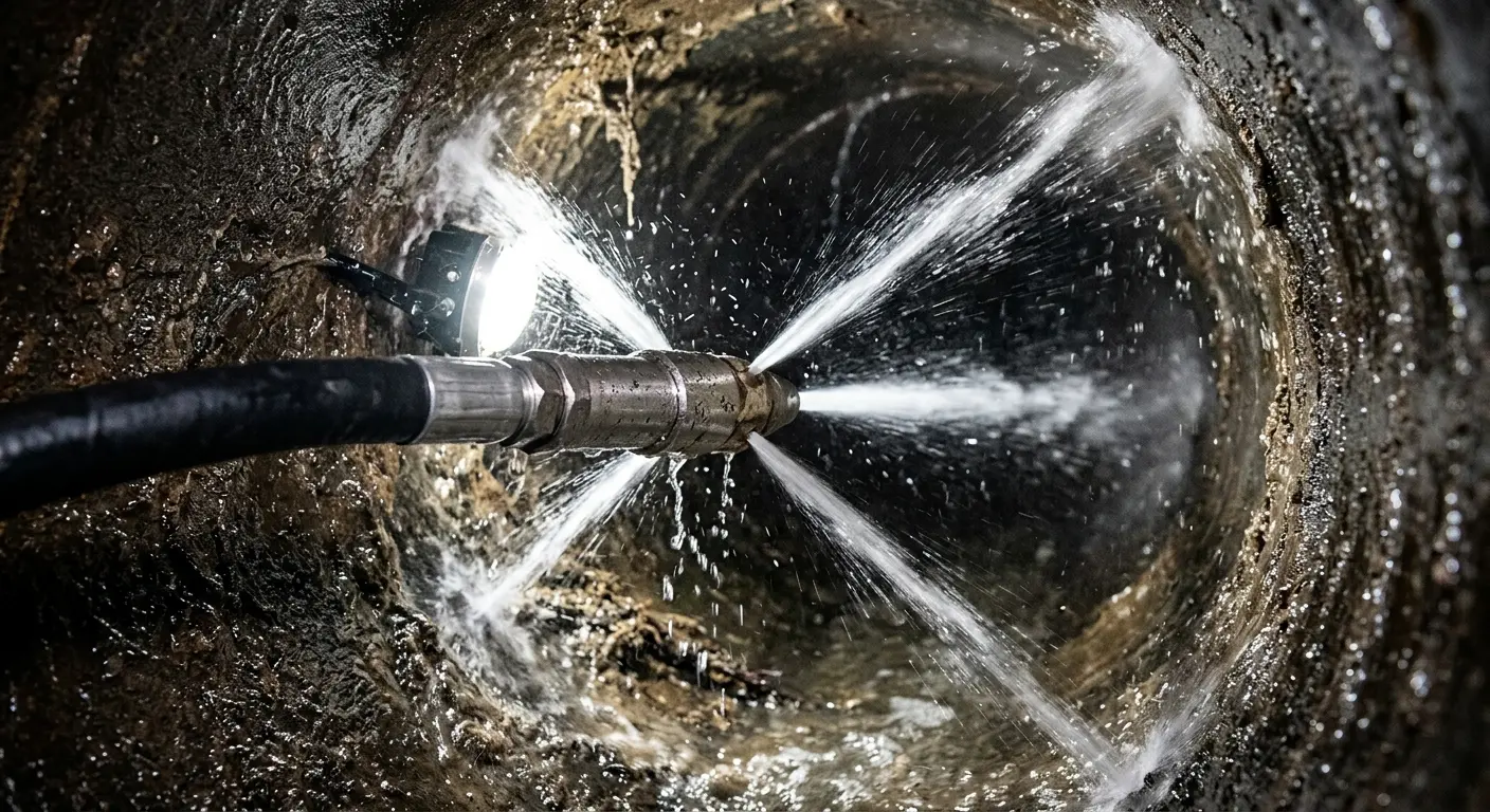 High-pressure hydro jetting nozzle cleaning sewer pipe for Emergency Drain Service in Jacksonville