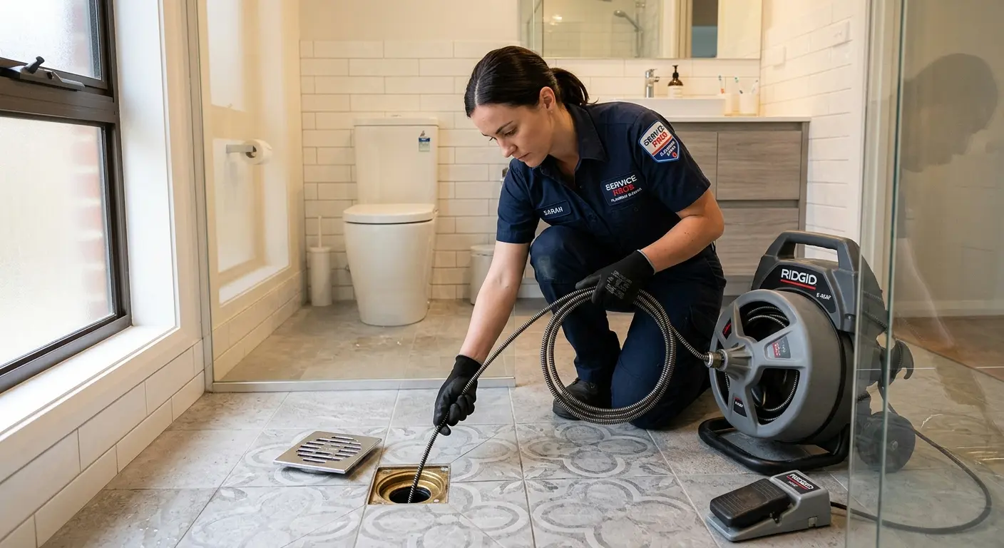 Technician clearing a bathroom floor drain for Drain Cleaning in Jacksonville